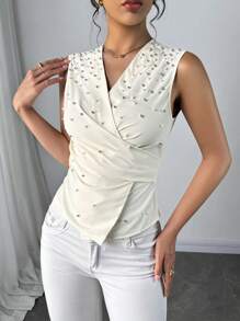 Chiquease Women's Elegant French Style V-Neck Woven Solid Color Blouse For Summer