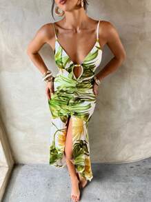 Aloruh 女式印花开衩褶饰连衣裙