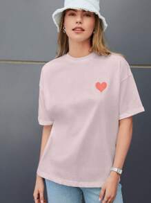 RueChic Casual Loose Heart Printed Drop Shoulder T-Shirt, Summer - Baby Pink - View 3