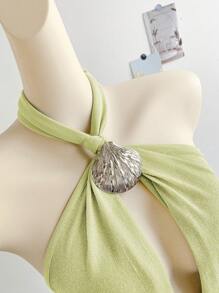 Soleia Damska mini sukienka z odkrytymi plecami, niebieska dzianina metaliczna z drapowanym dekoltem i ramiączkami typu halter, seksowna sukienka plażowa