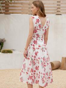 Aveloria Rosie Romantic Elegant French Floral Print Chiffon Layered Deep V Neck Ruched Waist Ruffle Hem Sleeveless Long Maxi Dress For Women Boho Vacation Fashionable Style All Over Print For Summer - Orange - View 2