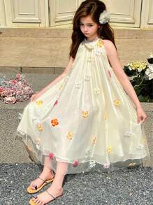 SHEIN Tween Girls' Sleeveless 3D Floral Party Dress, Suitable For Party And Holidays, Summer - Multicolor - View 3