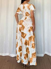 SHEIN VCAY CURVE Vestito maxi con scollo a V a volant con stampa floreale, estivo, per taglie comode