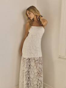 Aralina Women's Elegant Solid Color Lace Spaghetti Strap Dress - White - View 10