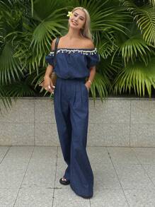 Livesso Bộ đồ hai mảnh denim dành cho nữ, áo trễ vai, thích hợp cho kỳ nghỉ. - Rửa tối - Xem 1