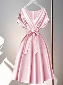 Franclia Women's Apricot Deep V-Neck Waist Tie-Up Satin Mid-Length Dress, Spring/Summer - Pink - View 3