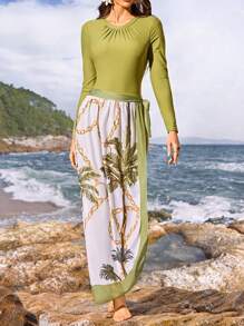 Swim Mulvari Trang phục đi biển dành cho phụ nữ năm 2025: Bộ đồ bơi khiêm tốn 3 món bao gồm áo bảo hộ dài tay, quần dài & váy quấn, họa tiết cây dừa, trang phục bơi kiểu Burkini Ả Rập/Trung Đông - màu xanh lá - Xem 6