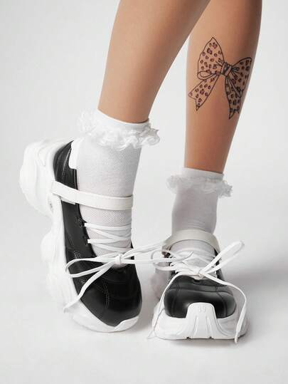 Grunge Punk Women's Black Mary Jane Leather Shoes, Niche Platform Ballet Flats With Bow, Casual Sneakers, Hook-And-Loop, Japanese JK Uniform Style, Wedge & Platform Pumps