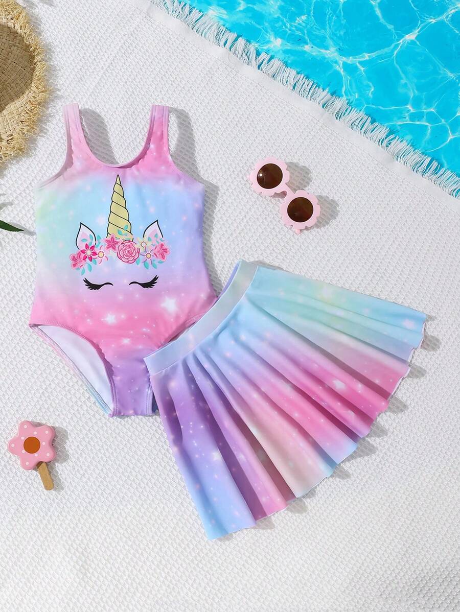 Bộ đồ bơi 3 mảnh họa tiết kỳ lân cho bé gái: Đồ bơi một mảnh + váy che, thích hợp đi biển hoặc đi nghỉ - Nhiều màu - Xem 1