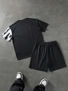 Manfinity LEGND Sporty Men's Fashion Printed T-Shirt Set,Men's Mature Street Short-Sleeved T-Shirt Set, Loose Dropped Shoulder Style, Random Letter Pattern And Contrasting Color Design, Which Enhances The Overall Texture While Maintaining Breathability And Comfort. The Overall Style Is Fashionable And Generous, Suitable For Outdoor Sports And Leisure Occasions. - Multicolor - View 2