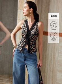 SHEIN Unity Women's Fashionable Woven Printed V-Neck Lace Patchwork Sleeveless Open Front Casual And Elegant Blouse, Spring/Summer - Black - View 3