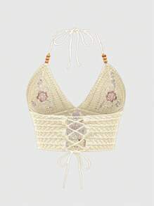 ROMWE Hippie Parte superior tejida de camisola con escote pronunciado, bordada con flores, de estilo hippie, con cordón de cierre en la espalda, para tallas grandes