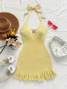 Soleia Women's Resort Moss Green Halter Backless Cutout Metal Starfish Knitted Mini Dress With Ruffles - Mustard Yellow - View 6