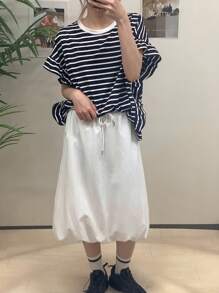 FRIFUL 女士宽松条纹撞色荷叶边拼布T恤