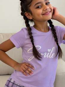 SHEIN Leap Crew Tween 女童休闲简约短袖短裤睡衣套装，舒适贴身，春夏季 - 彩色 - 查看 3