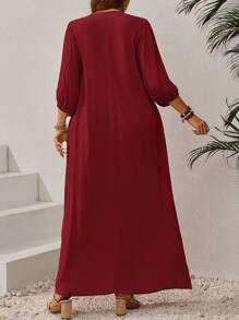 EMERY ROSE Plus Size Women Elegant Contrast Lace Fringe Tie Lantern Sleeve Dress,Flowy Dress,Sun Dresses For Women - Burgundy - View 2