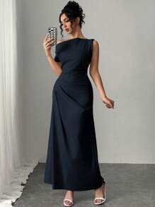 Firerie Women's Elegant Simple Casual Commute Romantic Charm Fashion Urban Modern Twist Shoulder High Waist A-Line Long Apricot Dress Business Casual Woman