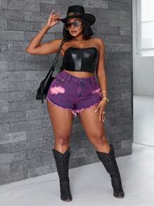 SHEIN SXY Damen Große Größen Jeans-Shorts mit ausgefranstem Saum, abgenutzt und verwaschener Stil, schmale Passform ohne Stretch, Sommer