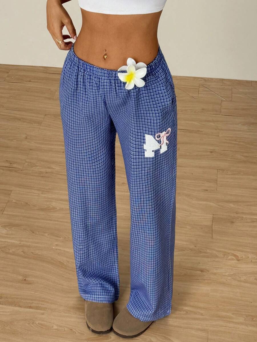 Flirla 格纹蓝粉色蝴蝶结刺绣数字口袋宽松直筒阔腿裤，超舒适简约休闲日常穿着，下午茶，女士简约设计，春夏 - 藍色 - 查看 1