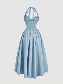 SHEIN MOD 大码女士露背褶皱蝴蝶结摆裙，红色派对女士礼服，化装舞会礼服，生日女士礼服，性感红色连衣裙，蝴蝶结连衣裙，夏季女士连衣裙，生日女士休闲连衣裙，工作夏季连衣裙，女士服装，女士生日，女士太阳裙 - 藍色 - 查看 2