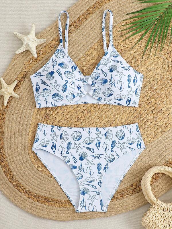 SHEIN Teen Girl Shell Print Ring Decor Spaghetti Strap Bikini Set Young Girls Sets Bathing Suits For Teens Sets Swim Suits For Women Summer Bathing Suits 1pc For Teens Swim Suits For Teens 2 Pieces Set