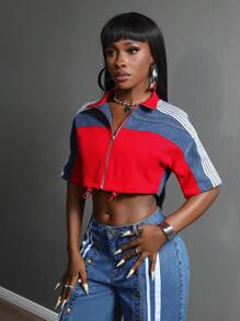 Slaydiva Women Contrast Side Stripe Zip Front Crop Denim Jacket - Multicolor - View 7