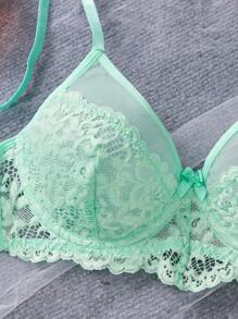 SHEIN 1 pieza Sujetador inalámbrico cómodo de malla transparente y encaje semi-transparente de color verde claro para mujeres