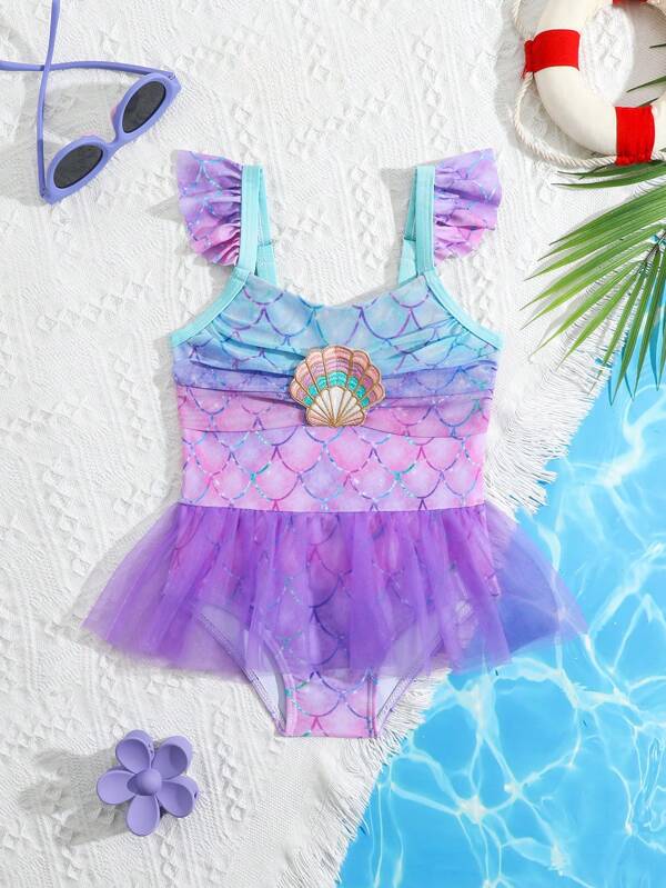 Costume da bagno estivo per bambina con fascia spaghetti e rete, di moda