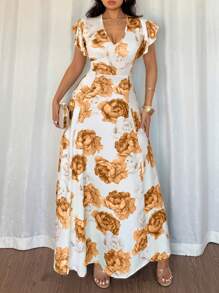 SHEIN VCAY CURVE Vestito maxi con scollo a V a volant con stampa floreale, estivo, per taglie comode