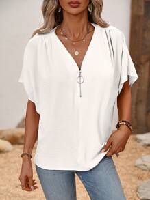 EMERY ROSE Women's Simple Solid Color Bat Wing Sleeve Shirt, Summer - White - View 5