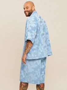 EASEVO Plus Size Men's Denim Effect Cutout Half Sleeve Blue Shirt And Shorts Set, Suitable For Summer