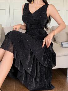 DAZY Vestido elegante de midi con cuello en V sin mangas y brillo para mujeres, para el verano