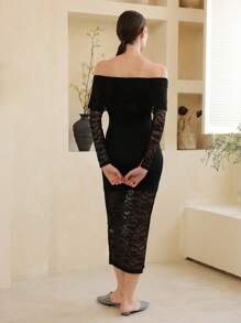 Camisón con efecto ajustado de encaje elegante y sofisticado para damas de tallas grandes - Negro - Ver 2