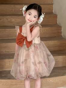 DAZY Young Girls Summer Square Neck Gradient Elegant Bowknot Decor Party Dress - Coffee - View 7