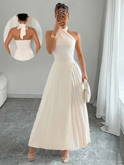 Selianne Women's Summer New Apricot Cream Yellow Vintage Pleated Asymmetric Sleeveless Halter Tie Waist Open Back A-Line High-Low Elegant Casual Vacation Party Dress