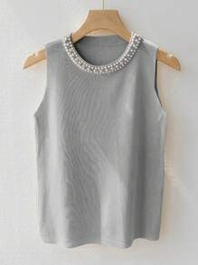 SHEIN Privé Women's Faux Pearl Decor Round Neck Knitted Vest - Grey - View 3