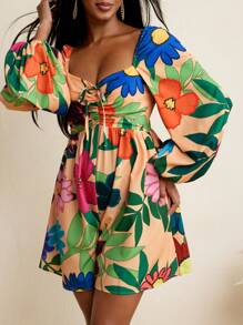 BELANGE HANDMADE Floral Print Flared Long Sleeves Bow Backless Women Jumpsuit Vacation Holiday Beach