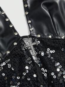 ROMWE Grunge Punk Mini abito da donna con patchwork in PU, stringa con pendente in metallo, rete e paillettes, stile sexy per rave, festival musicali, in stile Y2K