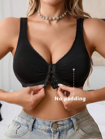 1 pieza Sujetador casual inalámbrico de mujer con plisado frontal sin costuras, unicolor con ribete esponjoso y tirantes acolchados, de nailon