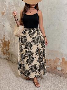 SHEIN PETITE CURVE Plus Size Women 2 Pieces Set - Solid Color Cami Top & Tropical Plant Print High Slit Maxi Skirt, Boho, Vacation, Women Summer Outfits, Beach Wear, Spring Break