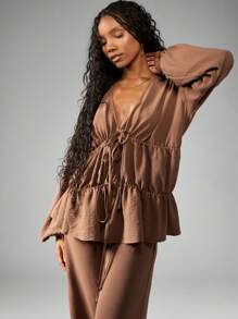 MISSGUIDED Elegant Linen Feel Tiered Ruffle Blouse Wide Leg Pants Set Boho Drawstring Waist Long Sleeve Autumn Winter Resort Wear Loungewear Coordinates - Brown - View 3