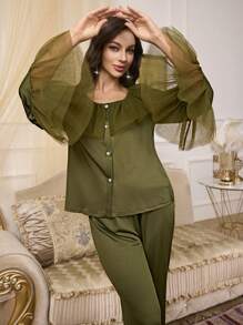 SHEIN Ensemble de vêtements de nuit composé d'un cardigan à col rond avec volants en panneau de maille et d'un pantalon