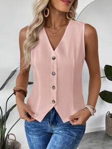 EMERY ROSE Women's Minimalist Commuter Single-Breasted Textured Suit Vest, Summer In Fall/Winter - Pink - View 5