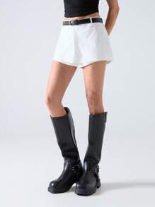 LYSMO Women's Solid Color Ribbon Zipper Casual Shorts, Summer Fashion - White - View 3