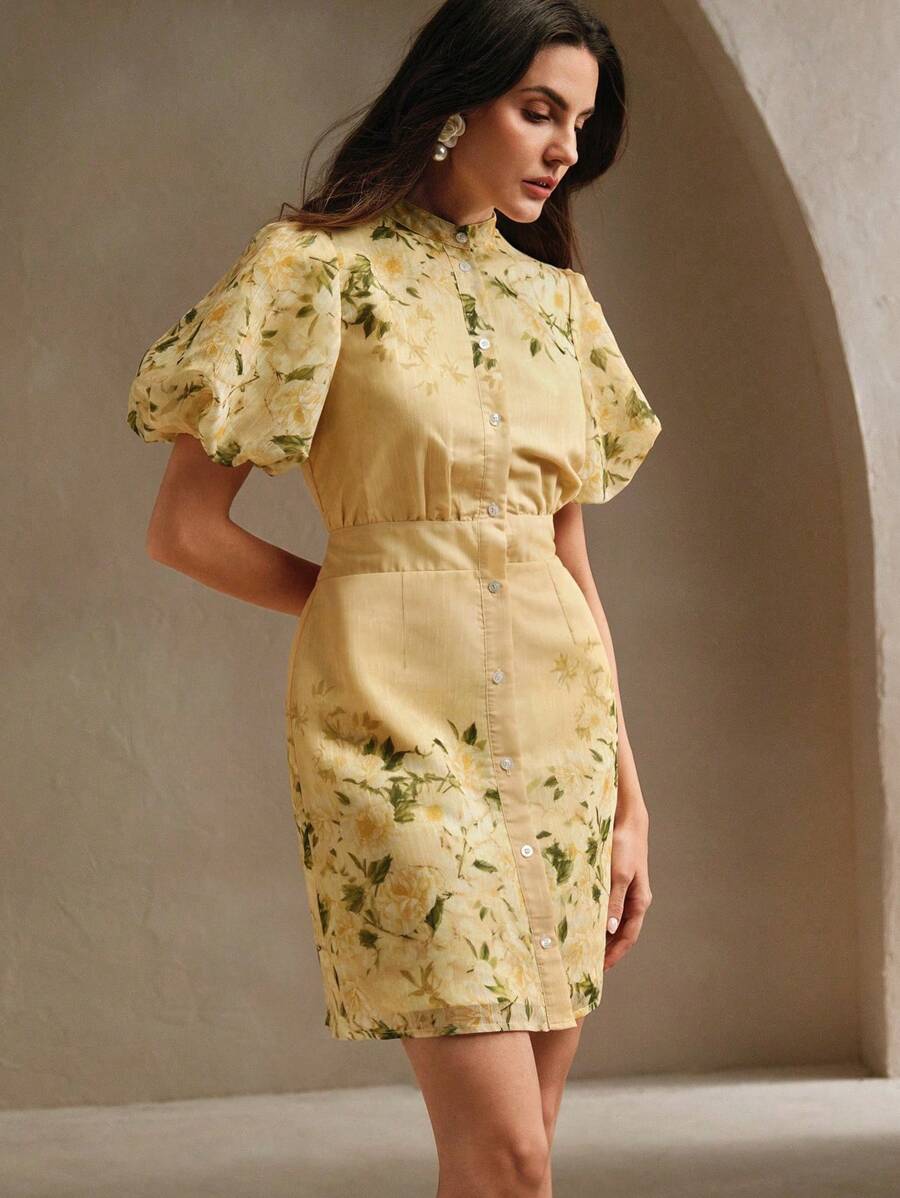 Round Neck Puff Sleeve Printed Front Open A-Line Hem Holiday Mini Dress - Yellow - View 1