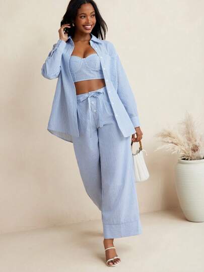 Vietkng Studio Pantalones casuales de verano de pierna ancha con botones a rayas azules y blancas, dinero viejo para salir