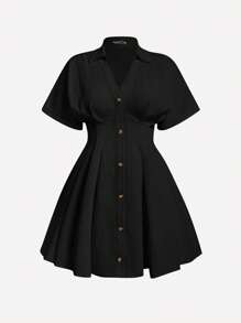 SHEIN MOD 白色夏日假日褶皱 V 领纽扣前开襟衬衫裙 - 黑色 - 查看 1