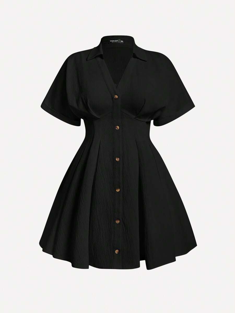 SHEIN MOD 白色夏日假日褶皱 V 领纽扣前开襟衬衫裙 - 黑色 - 查看 1