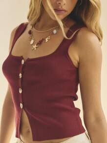 Aralina Compact Knit Button Front Ribbed Square Neck Sleeveless Fitted Crop Tank Top - Burgundy - View 1