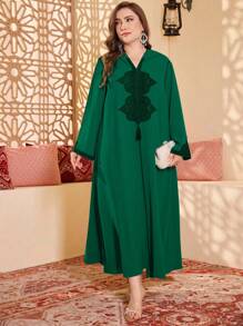 Al Najma Plus Size Elegant Minimalistic Arabic Hooded Long Robe, Modest Kaftan - Dark Green - View 6